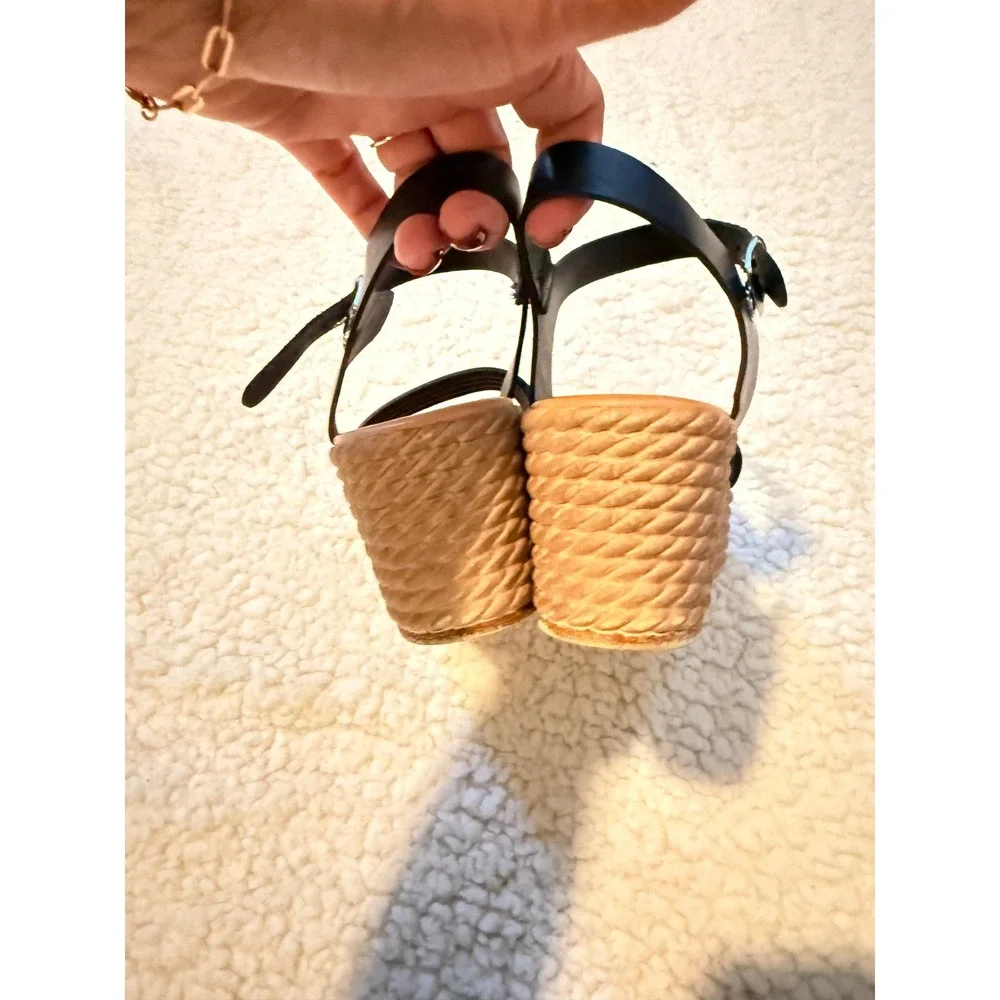ONGE Black Italian Leather Platform Espadrille Wedge Sandals Vera Pelle Size 38